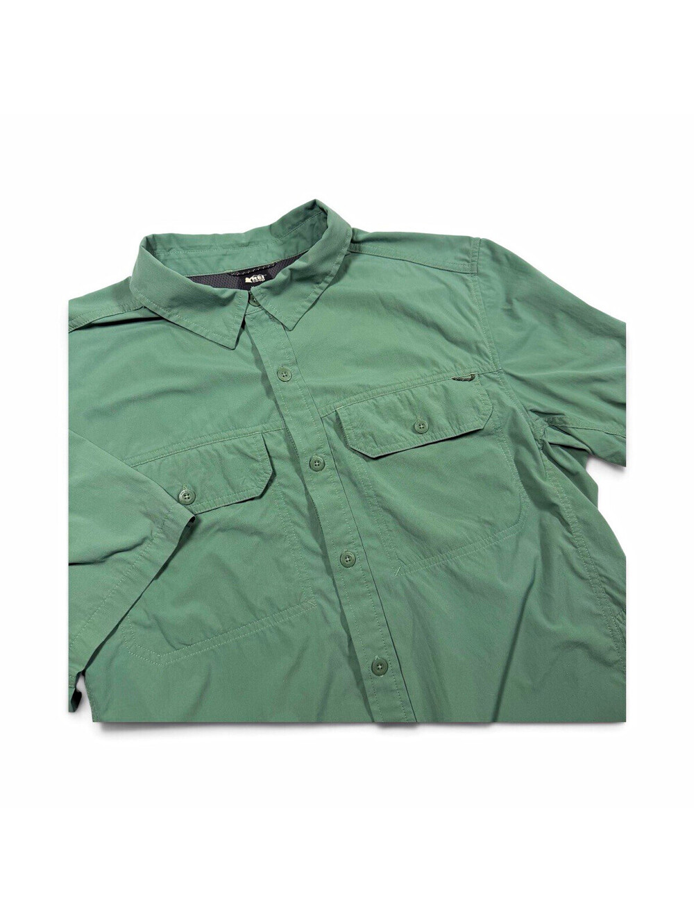REI Co-op Men’s M Green Solid Short Sleeve Button-Up Collar Pockets GORPCORE